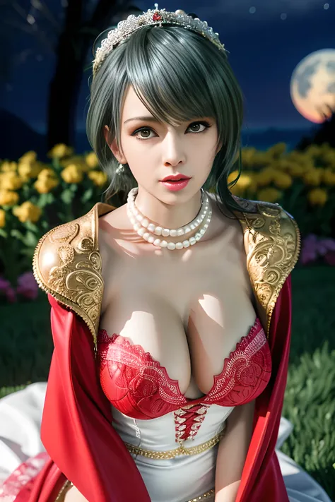 1 girl,lean over WINK,(Wearing Wedding Dress:1.2) ,(Wearing Jewel:1.2) ,( red lace_coat:1.3),(Fluffs :1.4),(pearl bodychain:1.3),garden,nighttime,moon,( huge breasts ),cleavage,shiny skin,lip gloss,tattoos, masterpiece, best quality, realistic ,Surrealism,...