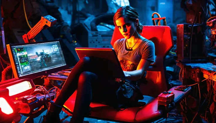 Emma Watson sitting on a red armchair facing the viewer in an apocalyptic wasteland environment, pigtailed hair, ripped dark grey leather clothes, cutoff shirt, hot pants, highly detailed face, slightly smiling, legs spread, very short dark worn socks, ele...