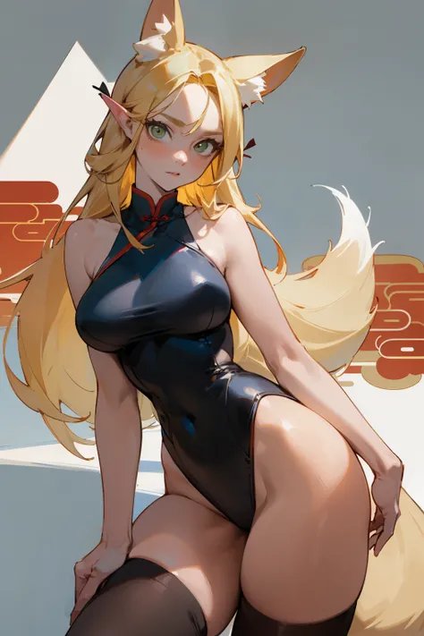 (masterpiece, best quality) detailed, Wearing black tights,  Blonde ,elegant, (Fox ears)，Red Eyeshadow, ，Chinese element pattern，thigh，漏出thigh，Large Breasts，Deep V one-piece swimsuit