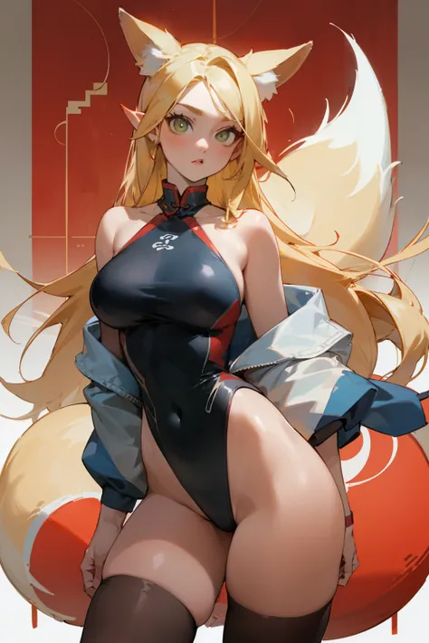 (masterpiece, best quality) detailed, Wearing black tights,  Blonde ,elegant, (Fox ears)，Red Eyeshadow, ，Chinese element pattern，thigh，漏出thigh，Large Breasts，Deep V one-piece swimsuit