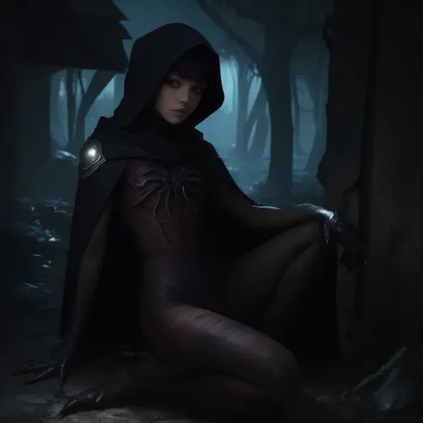 fantasy art 8k,masterpiece
pmmkr2024,best quality, trending on artstation, claws,looking in the camera,calm,quiet,Best quality,Appearance
is a twelve-year-old girl,arachnid girl,arachnid,black eyes,spider arms,spider legs,web cape,web hood,monster,creature