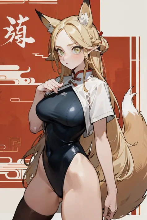 (masterpiece, best quality) detailed, Wearing black tights, , Blonde ,elegant, (Fox ears)，Red Eyeshadow, ，Chinese element pattern，thigh，漏出thigh，White shirt，Deep V one-piece swimsuit，Large Breasts