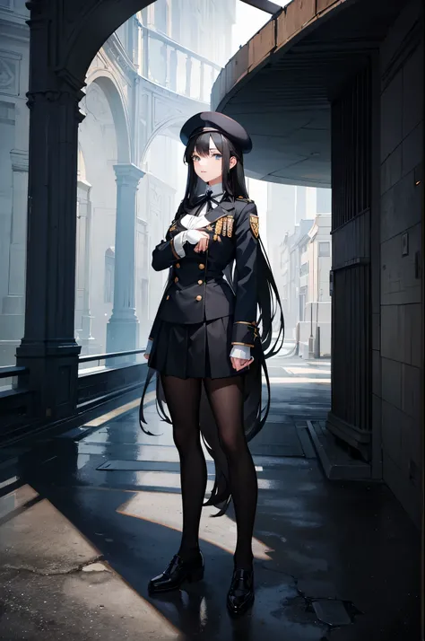 1woman, long black hair, blue eyes, academy uniform, beret, standing on ground, high res, ultra sharp, 8K, masterpiece