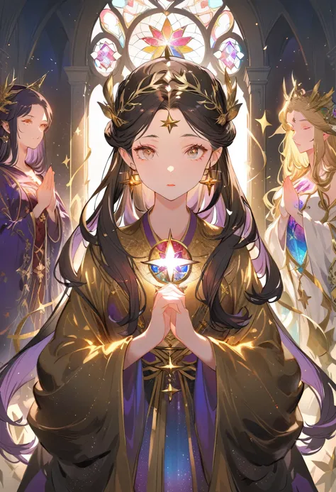 Mona Lisa, Light(Fantasy Sisters, Gold-decorated robe, pray, church)Super exquisite illustrations(Multicolored Glass, Volumetric lighting backlight good lighting, Colorful refraction)Depth of Field(Very detailed and beautiful face and eyes)