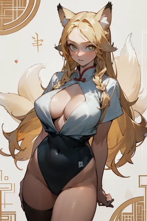 (masterpiece, best quality) detailed, Wearing black tights, , Blonde ,elegant, (Fox ears)，Red Eyeshadow, ，Chinese element pattern，thigh，漏出thigh，White shirt，Deep V one-piece swimsuit，Large Breasts