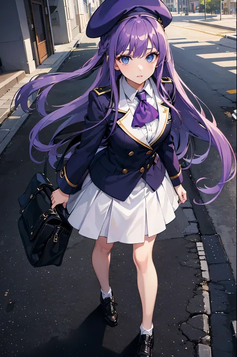 1woman, long purple hair, blue eyes, academy uniform, beret, standing on ground, high res, ultra sharp, 8K, masterpiece