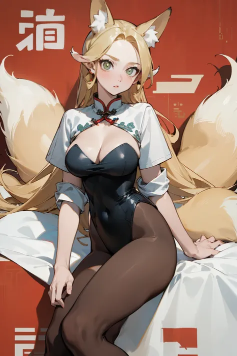 (masterpiece, best quality) detailed, Wearing black tights , Blonde ,elegant, (Fox ears)，Red Eyeshadow, Chinese element pattern，thigh，漏出thigh，White shirt，Deep V one-piece swimsuit，Large Breasts