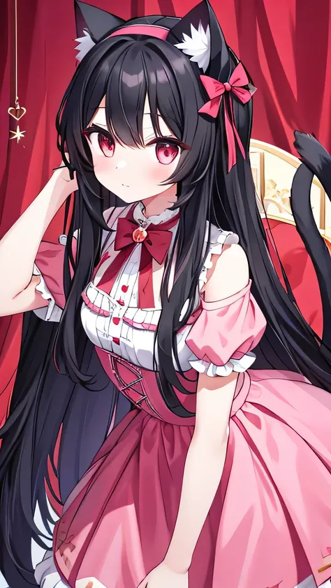 1 Girl，Masterpiece，pink的Long hair，Long hair，Black hair band，Cat ear，Devil&#39;s horns，Angel Halo，A cross on the forehead，Horns，Green eyes，Stick out your tongue，(Brown skin：1.1)，Slobber，blush，Seductive expression，Huge breasts，Sagging breasts，Huge breasts，Pu...