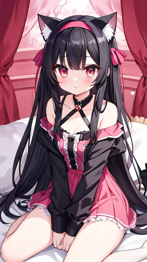 1 Girl，Masterpiece，pink的Long hair，Long hair，Black hair band，Cat ear，Devil&#39;s horns，Angel Halo，A cross on the forehead，Horns，Green eyes，Stick out your tongue，(Brown skin：1.1)，Slobber，blush，Seductive expression，Huge breasts，Sagging breasts，Huge breasts，Pu...