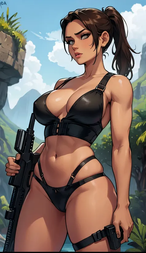 Lara croft, Very big tits, wearing Little thong, lingerie, straps in her legs , pony Tail hairstyle, holding a shotgun In her hands, she Is the jungle 