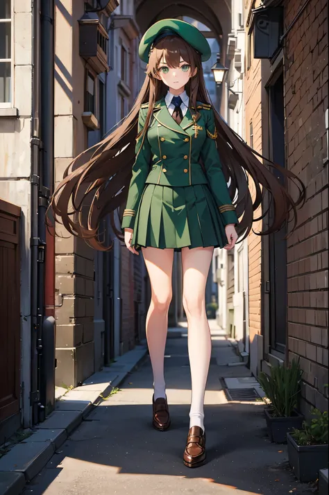 1woman, long brown hair, green eyes, academy uniform, beret, standing on ground, high res, ultra sharp, 8K, masterpiece