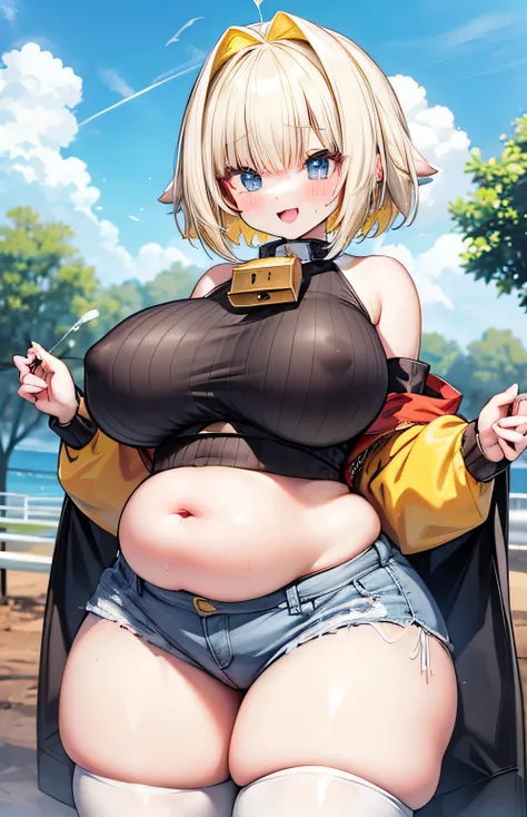 Anime illustration、highest quality、Short high school girl、Cowbell collar、big belly button piercing、Holstein daughter、Cow print tube top、hot pants、Cow print knee socks、Perfect proportions、vast ranch、Pasture、Cowshed、Clear skies、overwhelmingly big breasts、Bea...