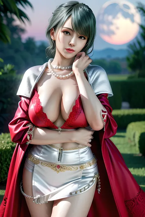 1 girl,lean over WINK,(Wearing Wedding Dress:1.2) ,(Wearing Jewel:1.2) ,( red lace_coat:1.3),(Fluffs :1.4),(pearl bodychain:1.3),garden,nighttime,moon,( huge breasts ),cleavage,shiny skin,lip gloss,tattoos, masterpiece, best quality, realistic ,Surrealism,...