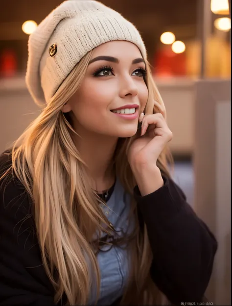 Mulher sentada em uma mesa com um celular no ouvido, usando gorro, usando um gorro, sorriso caloroso e gentil, sorriso caloroso, with black hat on head, garota atraente, linda modelo, belas, garota linda, mulher fofa, por Christen Dalsgaard, lindo bem - ro...