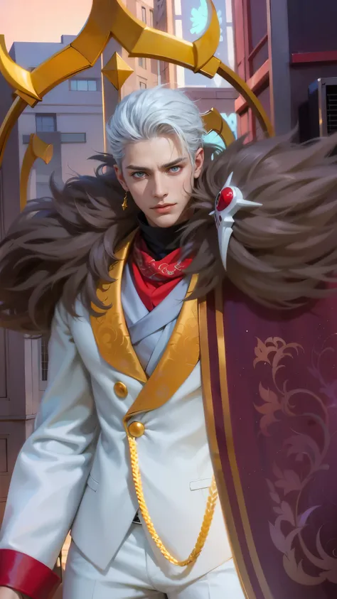 a guy in a white suit and red scarf holding a sword, son of sparda, handsome guy in demon slayer art, Best quality, masterpiece, detailed skin texture, detailed clothes texture, detailed face, super detail, 8k, intricate detail, 1 boy, The color doesnt cha...