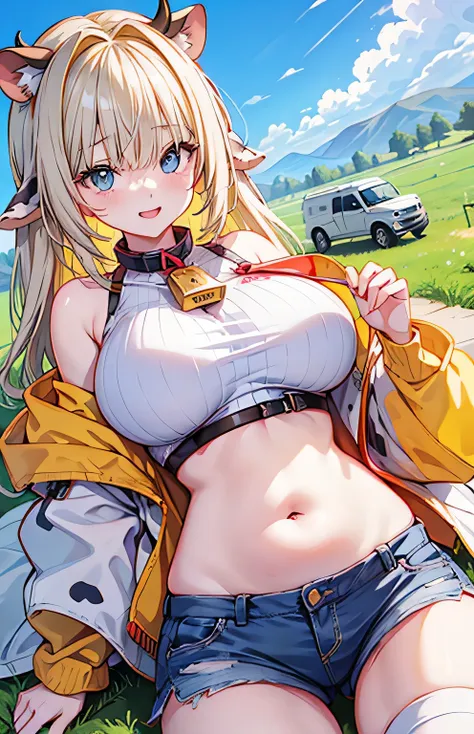 anime illustration、highest quality、short high school girl、cowbell collar、big belly button piercing、eyes are hidden by bangs、hols...