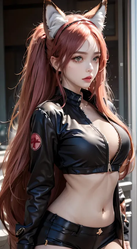 Photorealistic, high resolution, 1 woman, Hips up, Beautiful eyes, Long hair, ringed eyes, jewelry, tattoo, infection monitor (arknights), angelina (arknights), blush, twintails, hairband, animal ears, red hairband, closed mouth, fox ears, bangs, red jacke...