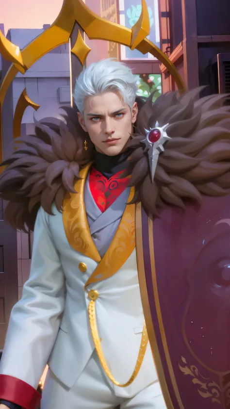 a guy in a white suit and red scarf holding a sword, son of sparda, handsome guy in demon slayer art, Best quality, masterpiece, detailed skin texture, detailed clothes texture, detailed face, super detail, 8k, intricate detail, 1 boy, The color doesnt cha...