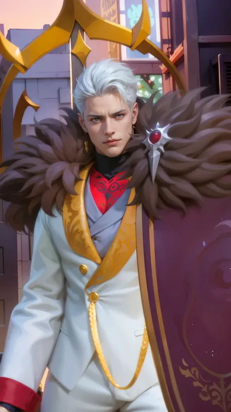 a guy in a white suit and red scarf holding a sword, son of sparda, handsome guy in demon slayer art, Best quality, masterpiece, detailed skin texture, detailed clothes texture, detailed face, super detail, 8k, intricate detail, 1 boy, The color doesnt cha...