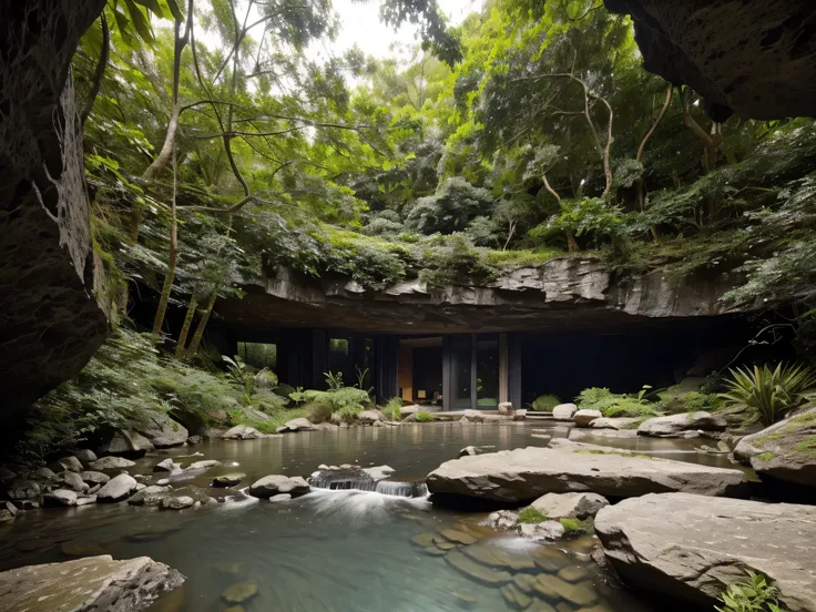 The bedroom is located in a cave overlooking the stream bank,(view from the stream bank into the cave:1.2),climbing plants, surrounding trees, cool weather, modern style bedroom, large glass doors, (tropical landscape),