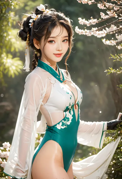 Best quality， Ultra-high resolution， （Realistically：1.4），Cute hairpin，Baoyu Girl， A pair of clear and moving peach blossom eyes,Royal sisters，Sunshine on the face，Long curly hair，（in the forest：1.4），（Necklace：1.2），（White skin：1.4），（Full Body Love：1.2）Sense...