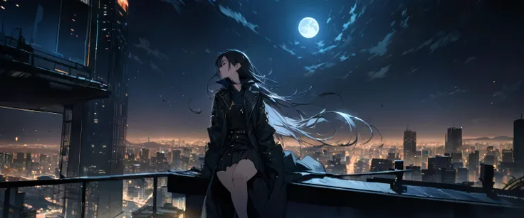 best quality, very good, 16K, Ridiculous, Extremely detailed, Beautiful woman sitting on a skyscraper, Staring into the distance, Wearing a long, loose coat，Waist-baring clothes，Pleated Skirt, Attractive appearance, wind, wind-effect, Moon night scene, (Ma...