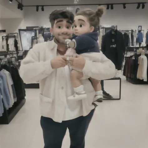 there is a man holding a baby in a store taking a picture, with a kid, 🤬 🤮 💕 🎀, in a mall, instagram post, at a mall, wearing a fisher 🧥, 🔞🤡, trending ，,  post, father with , taken on iphone 14 pro, khyzyl saleem, very very low quality picture