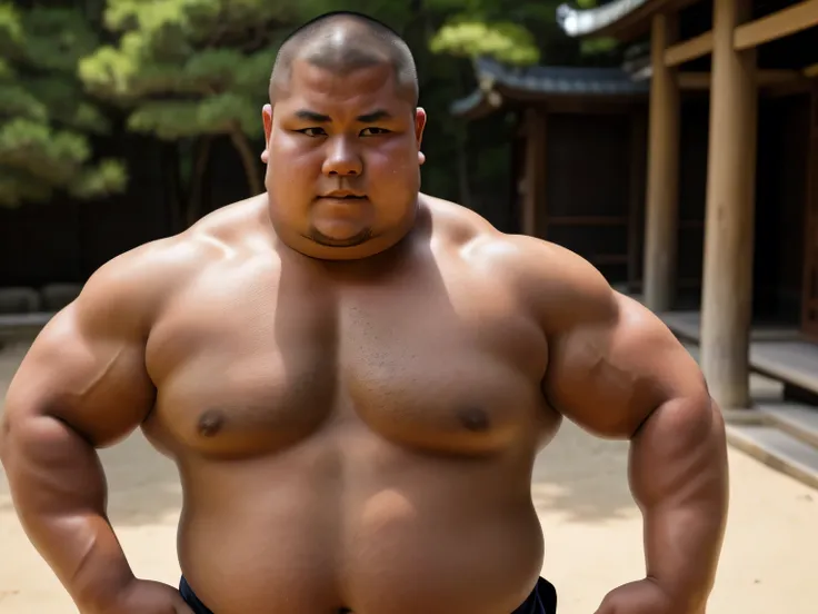 A young monk from ancient Japan, who looks like a fat bodybuilder like a sumo wrestler、He was standing there with a sunburned face and a haggard look on his face.
