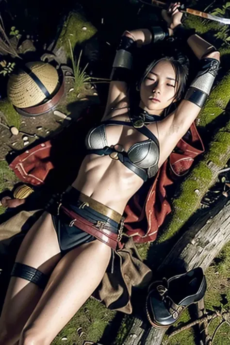 (High resolution),(photo Realistic:1.4), (hyper Realistic:1.4), (Realistic:1.3), ((woman)),best quality,dead,Fell on his back,I took off my clothes,killed samurai,girl,(breastplate),13 years old,slender,in the forest,from above,Detailed skin texture,whole ...