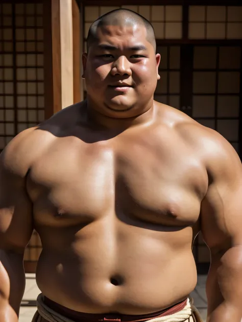 A young monk from ancient Japan, who looks like a fat bodybuilder like a sumo wrestler、He was standing there with a sunburned face and a haggard look on his face.
