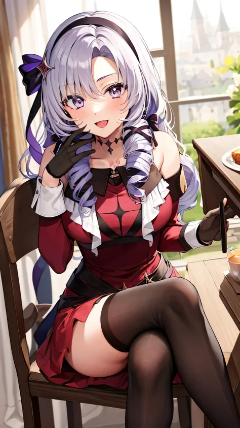 {{{masterpiece}}}, {{{best quality}}}, {{ultra-detailed}}, {illustration}, {{an extremely delicate and beautiful}}, 8k, NSFW, Hyakumantenbara Salome, hmsalome, purple hair, drill hair, parted bangs, black hairband, ribbon, purple eyes, large breasts, tatto...