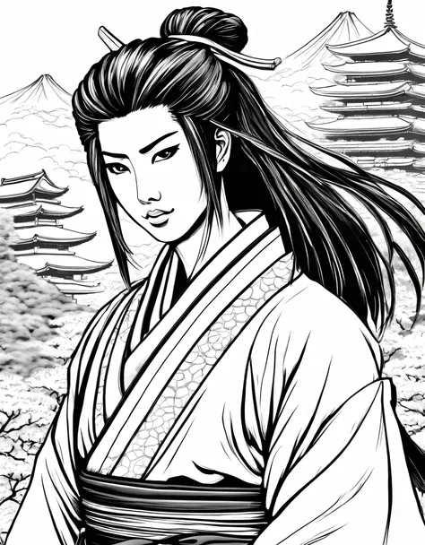 Pau preto e branco, japanese casal, sua arte em tinta fina, comic style, portrait of japan, Glamour de kyoto, bela arte de linha, black and white comic style, manga style, manga art style, pencil and ink caricature drawing, black and white coloring, cabelo...