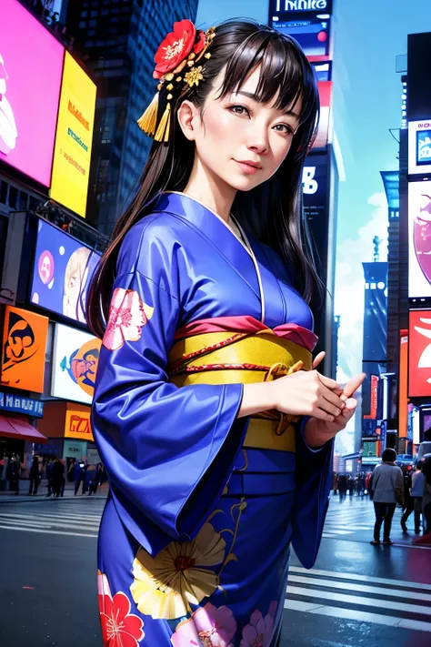 ((highest quality))、(masterpiece)、(detailed)、Perfect Face、((A woman wearing a kimono))、Age 35、Inspired by that?、((new yorkの街角))、(((new york、Times square、blue sky)))