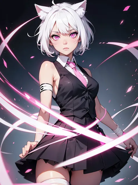 White hair. Short hair. Anime girl. Pink eyes. Glowing eyes. Nekomimi. Black and white clothes. Pink tie. Bandage in elbow. 