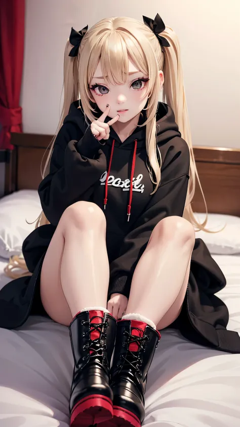 blonde、girl、Twin tail hair、ultra-detailed , best quality, high resolution, master piece ,beautiful eyes, cute、lovehotel,((((sitting on a bed)))), black and White hoodie、Red and black hoodie、White hoodie、((black platform boots))、perfect finger、(((boots focu...