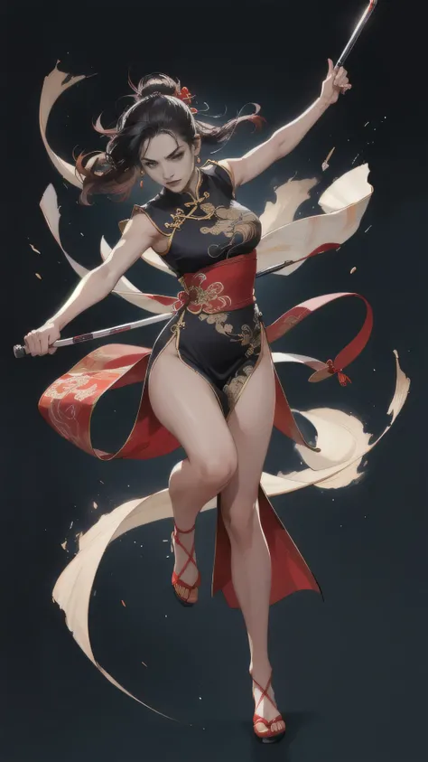 (best quality, highres),woman with nunchaku,traditional Chinese dress with exquisite embroidery,sensual,disheveled hair,expressing agility and gracefulness,full body,dynamic poses,energetic movements,vibrant colors,Chinese martial arts style,striking contr...