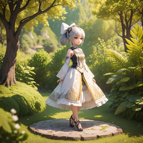 cute girl  in white long suit hybrida armor with ((batik pattern))，using black bow, step on the green lawn beneath your feet, mo...