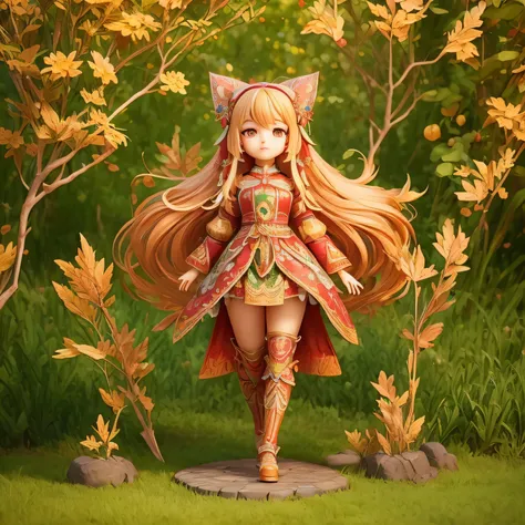 cute girl  in red long suit hybrida armor with ((batik mega mendung pattern))，using black bow, step on the green lawn beneath yo...