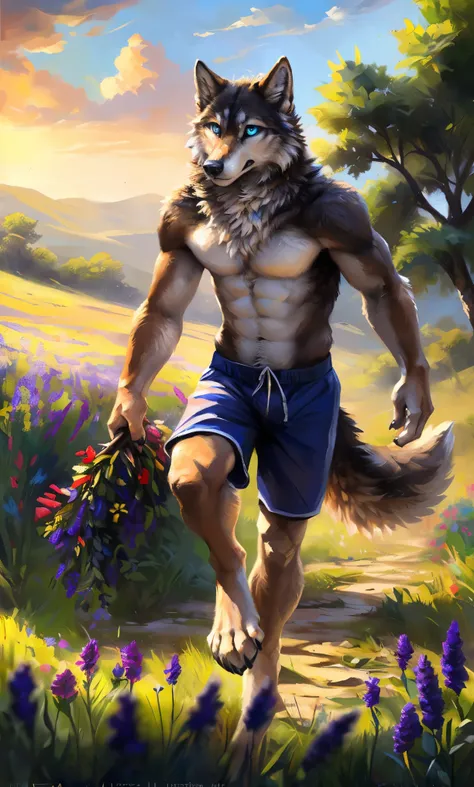 ((Solo)), male people, anthro wolf, (Multi-colored fur, White-brown:1.3，White tail pointed), (Height 2.1m,Tail length 1.2m), ((Wolf face, Big eyes, White eyelids, Blue pupil, Slim:1.2) (Tough, Calm expression:1.2)), Abs, Slim, pinging)), (Correct anatomy),...