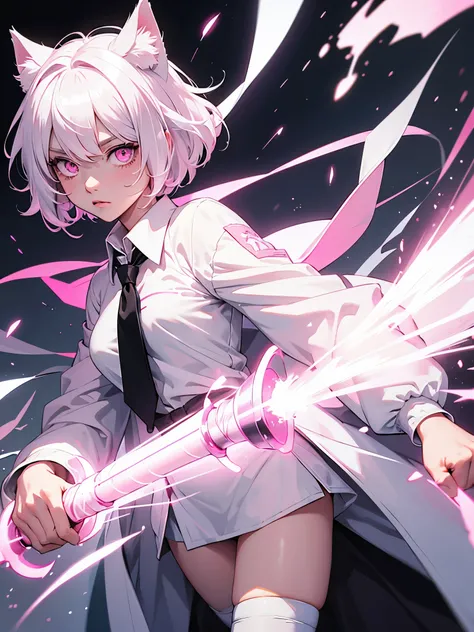 White hair. Short hair. Inner pink hair. Anime girl. Pink eyes. Glowing eyes. Nekomimi. White clothes. Black coat. Pink tie. Bandage in elbow. Swordman.