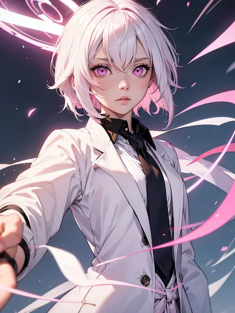 White hair. Short hair. Inner pink hair. Anime girl. Pink eyes. Glowing eyes. Nekomimi. White clothes. Black coat. Pink tie. Bandage in elbow. Swordman.