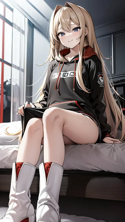 blonde、girl、Long Hair、ultra-detailed , best quality, high resolution, master piece ,beautiful eyes, cute、lovehotel,((((sitting on a bed)))), black and White hoodie、Red and black hoodie、White hoodie、((black platform boots))、perfect finger、(((boots focus))),...