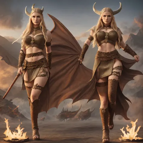 Full body photo of a gorgeous viking woman with cool dragon horns, a few dragon scales over her skin and red tears running down her cheeks, freckles, blonde hair, fierce looking, brave, epic, hiperrealism, high Def, masterpiece, max quality