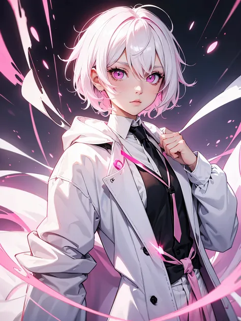 White hair. Short hair. Inner pink hair. Anime girl. Pink eyes. Glowing eyes. Nekomimi. White clothes. Black coat. Pink tie. Bandage hand. 