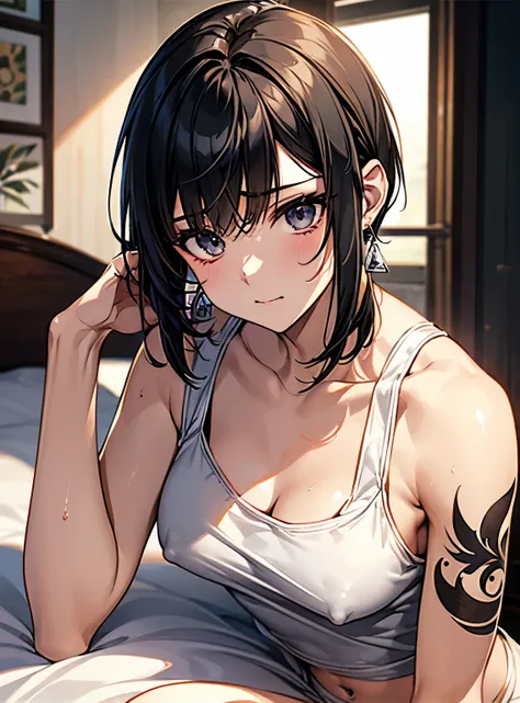 （Hands folded behind your back）、Beautiful breasts、Black Hair、Attractive breasts、Beautiful and attractive anime woman, Enchanting anime girl,Slippery、black eye、beautiful girl、、Quiet、Inconspicuous、Exposed locally.、White see-through tank top、Big Breasts、Stay ...