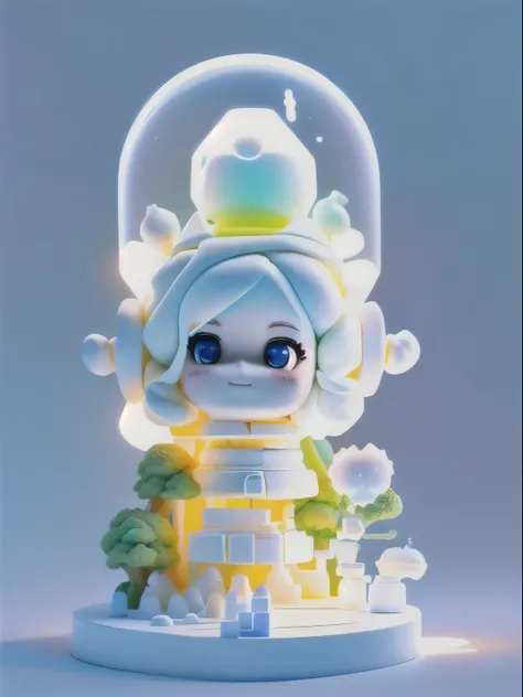 Super cute girl full body 3D drawing, 1 pcs, good looking eyes, big eyes, cute, happy, c4d, pop matt blind box, white long hair, glowing bubbles, toys, solid color background, chibi, fluorescent translucency, luminous body, kawaii, doll, ((((scientist, whi...