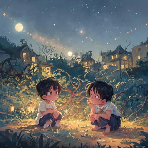 (best quality,4k,8k,highres,masterpiece:1.2),ultra-detailed,(realistic,photorealistic,photo-realistic:1.37),closeup,a little boy,watching,the moon and stars,night,building terrace,dreamy atmosphere,longing,curiosity,peaceful,darkness,little boys face,spark...