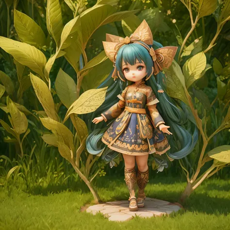 Cute girl  in brown long suit hybrida armor with ((batik Mega mendung pattern))，using black bow, Step on the green lawn beneath your feet, mountain，Like a fairy，Extremely cute，((updo navy hair)),full bodyesbian：2.1，Detailed rendering with 3D rendering tech...