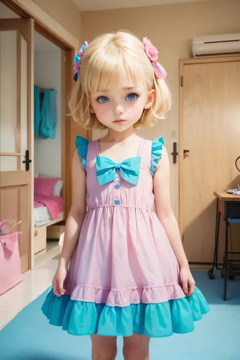 10 years old girl,cute,pretty,kid,children,blonde,short hair,blue eyes,pink blue dress,