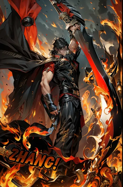 boys 26 Years old, long coat, black pants, black hair, Serious face, holding giant sword, flaming, flame, fire